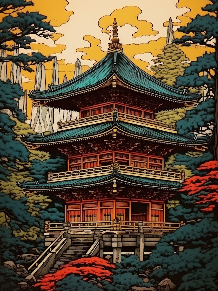 Nikko Toshogu Shrine, Japan Vintage Travel Art 3