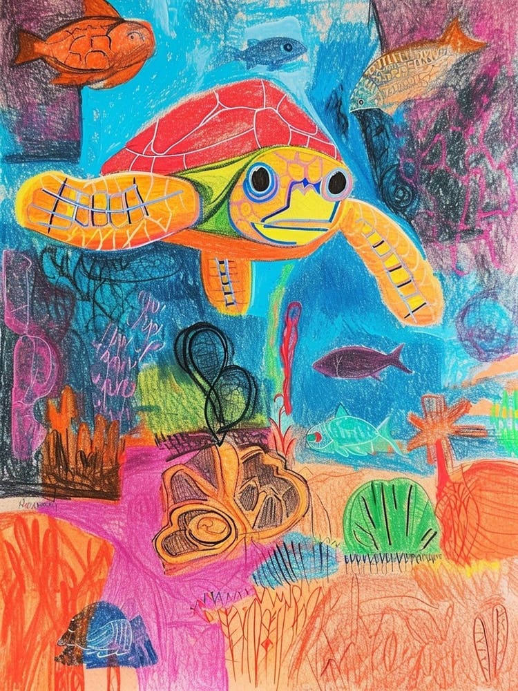 Abstract Rainbow Sea Turtle Underwater Crayon Drawing 1