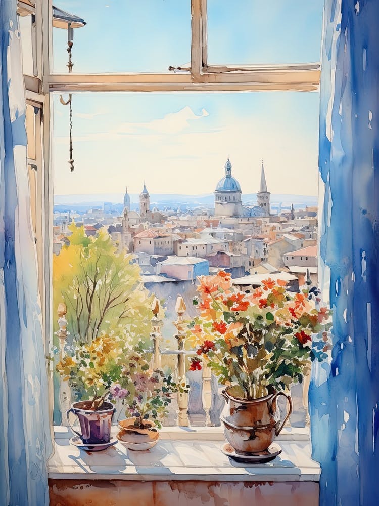 Window View Of Istanbul Turkey In Autumn Fall, Watercolour 3