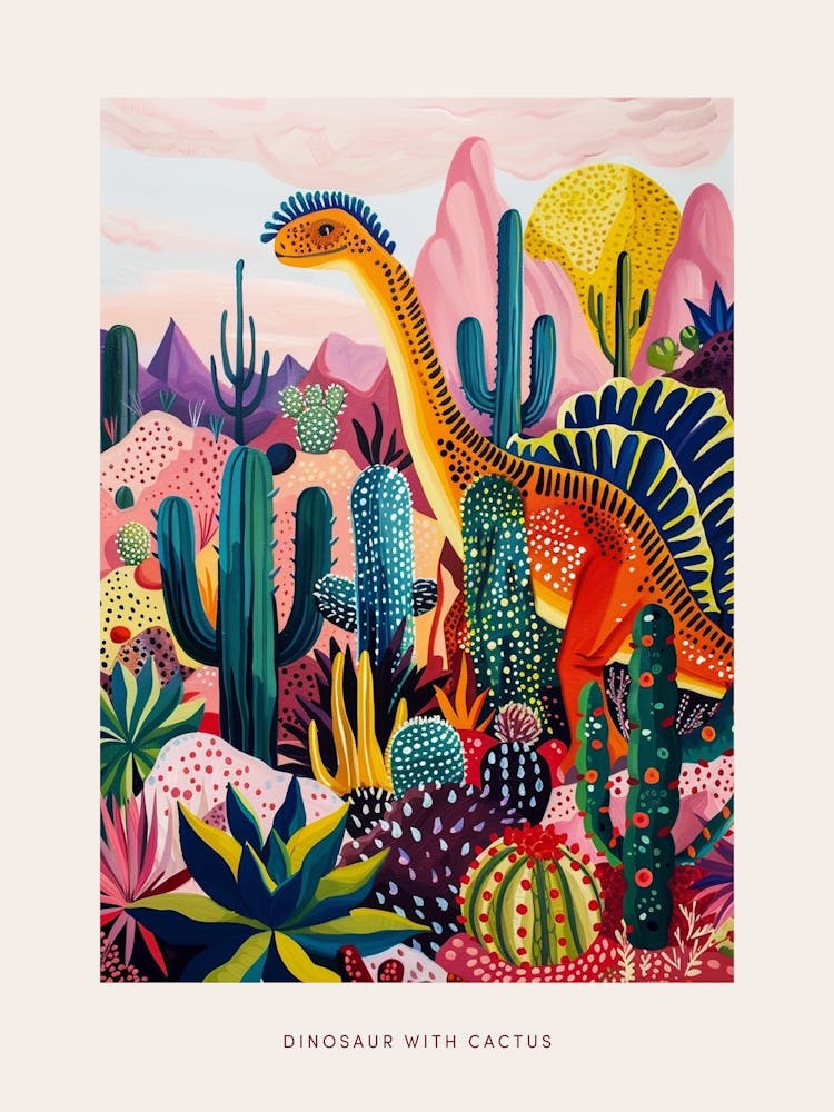 Colourful Dinosaur With Cactus & Succulent Painting 3 Poster