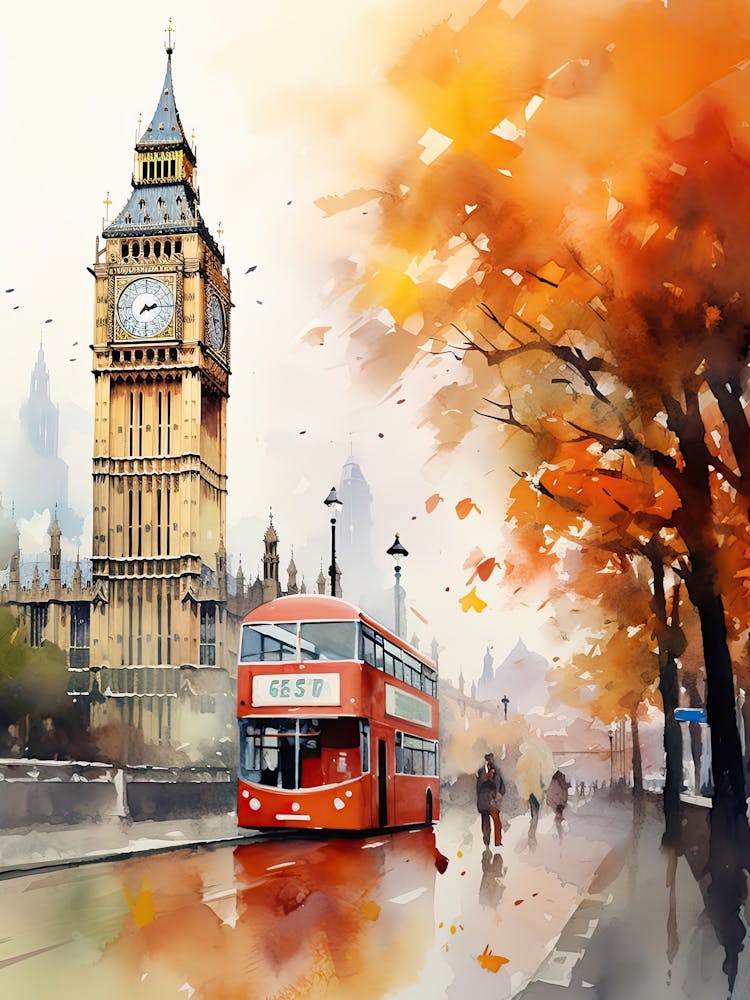 London United Kingdom In Autumn Fall, Watercolour 3