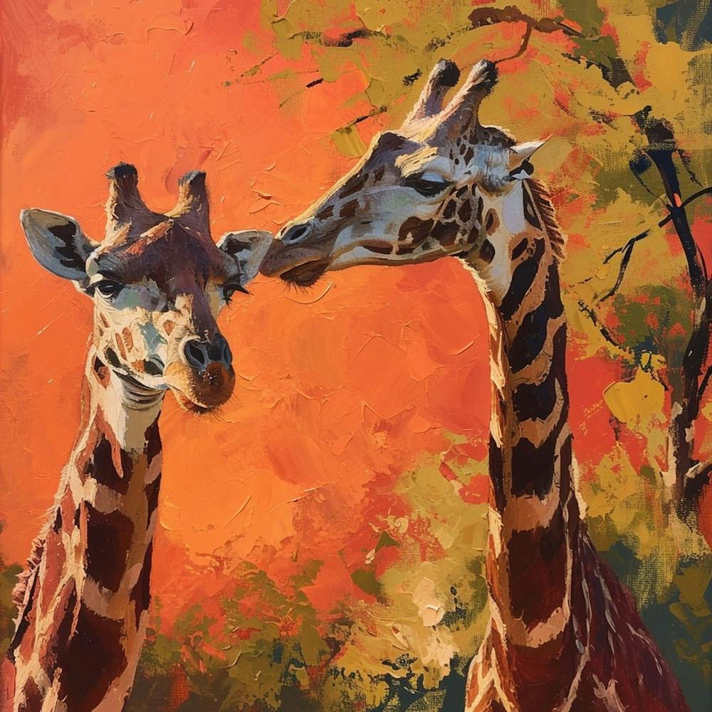 Giraffes Eating Tree Branches Brushstroke 2