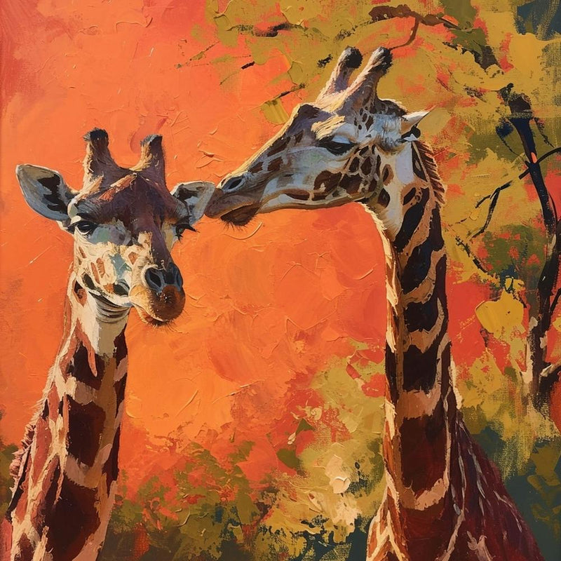 Giraffes Eating Tree Branches Brushstroke 2