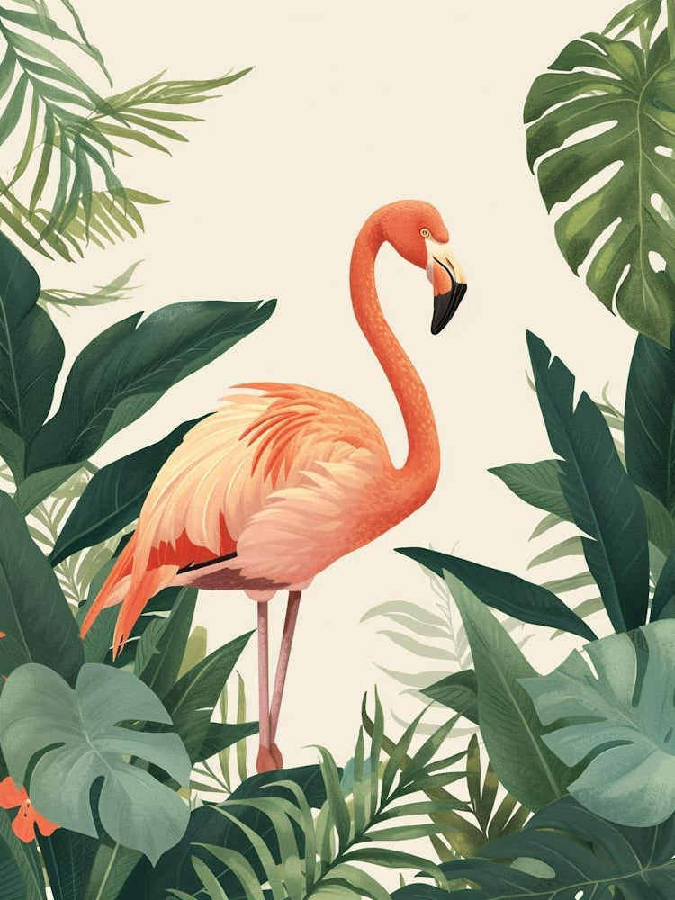 Lesser Flamingo And Philodendrons Minimalist Illustration 2