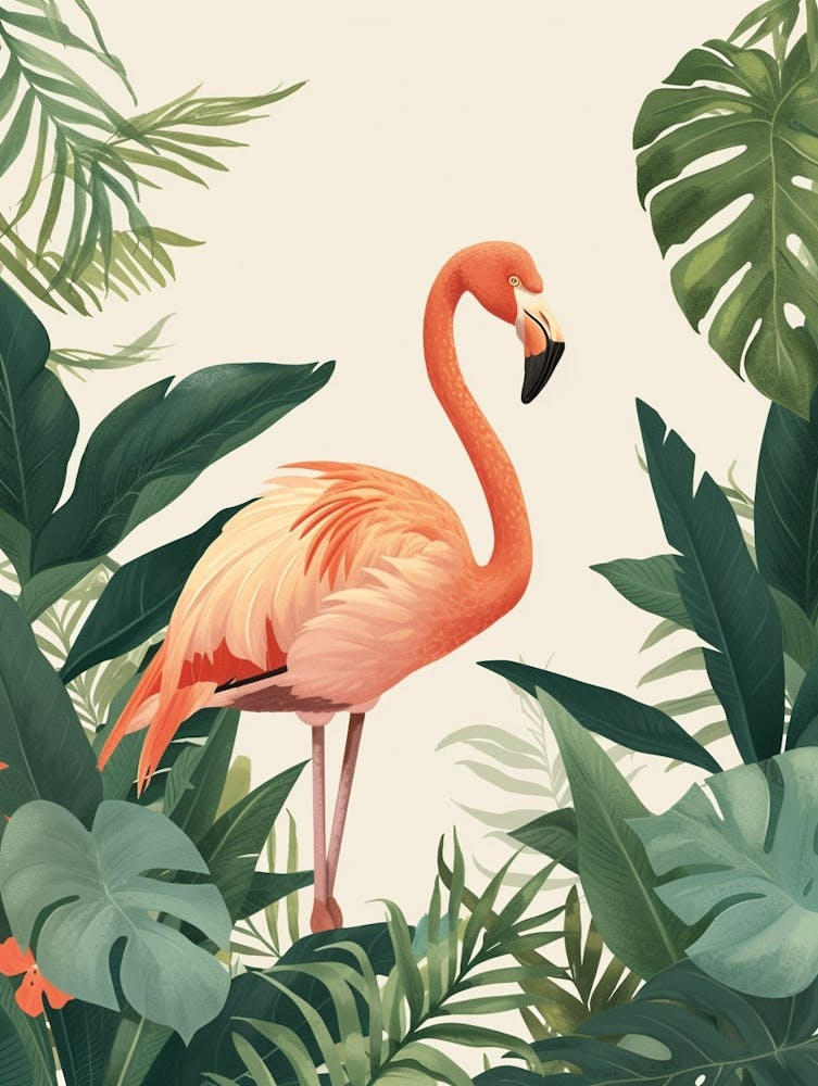 Lesser Flamingo And Philodendrons Minimalist Illustration 2