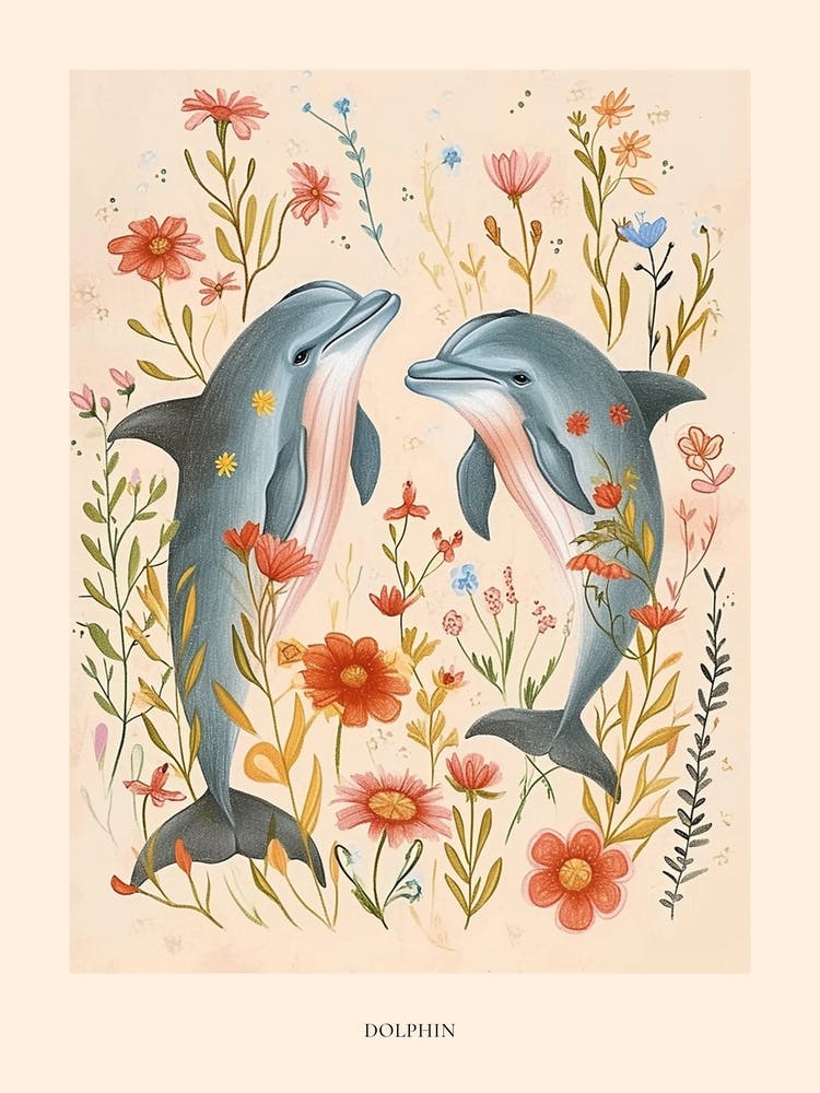 Folksy Floral Animal Drawing Dolphin 3 Poster