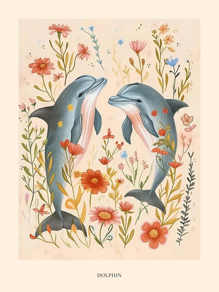 Folksy Floral Animal Drawing Dolphin 3 Poster