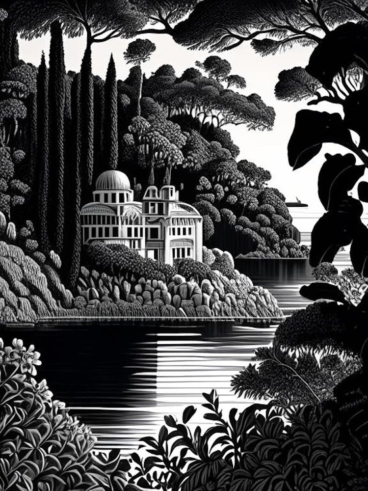Isola Bella, Italy Linocut Black And White Vintage