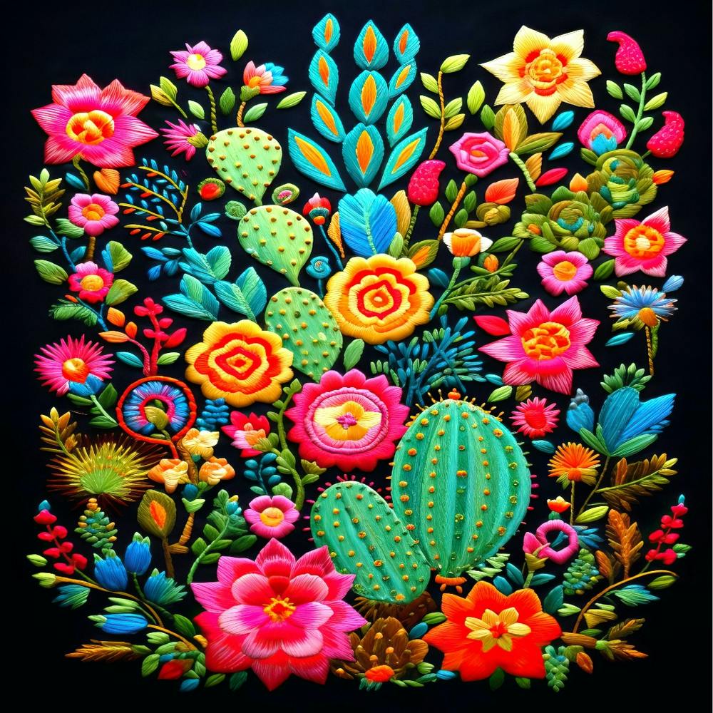 Mexican Flowers,A captivating Mexican embroidery motif showcasing a magnificent cactus in full bloom