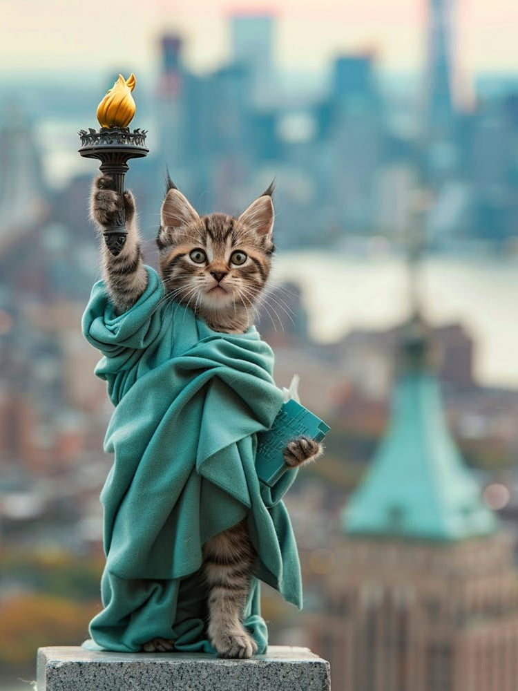 Full Shot Angle，A Cute Kitten Styled As The Statue Of Liberty, Standing Tall With A Torch And A Tablet, Against The Backdrop Of The New York Skyline Or Distant Liberty Island， Good Weather