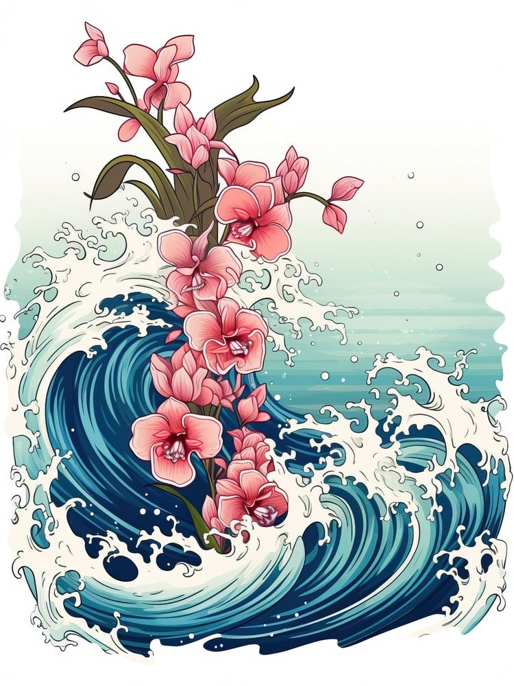 Great Wave With Orchid Flower Drawing In The Style Of Ukiyo E 4