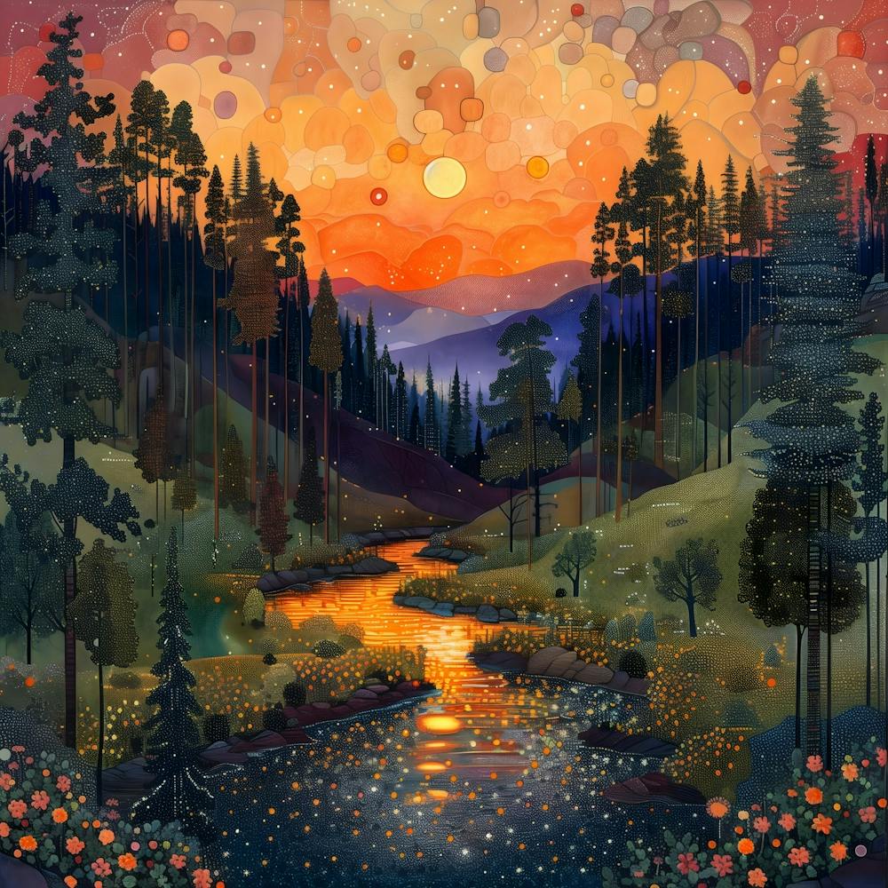 Sunset In The Mountains, Tiny Dots, Pointillism