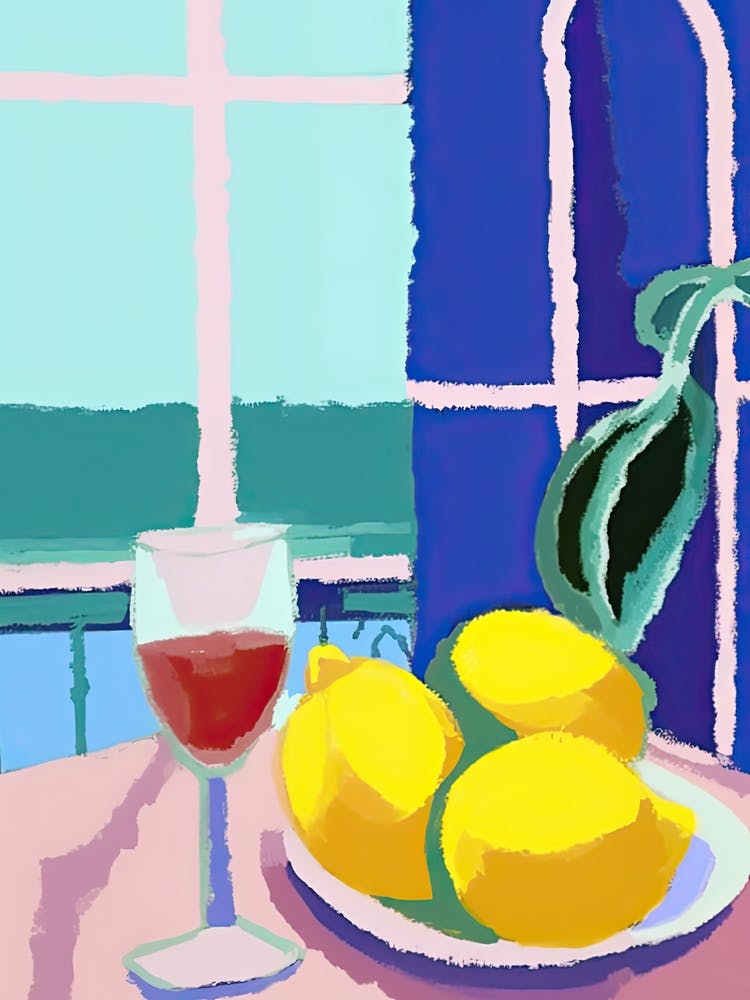 Painting Of A Lemons And Wine, Frenchch Riviera View, Checkered Cloth, Matisse Style 1