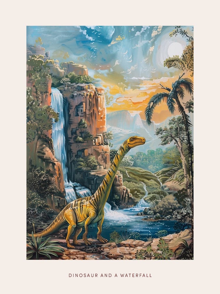 Dinosaur By A Waterfall Landscape Painting 2 Poster