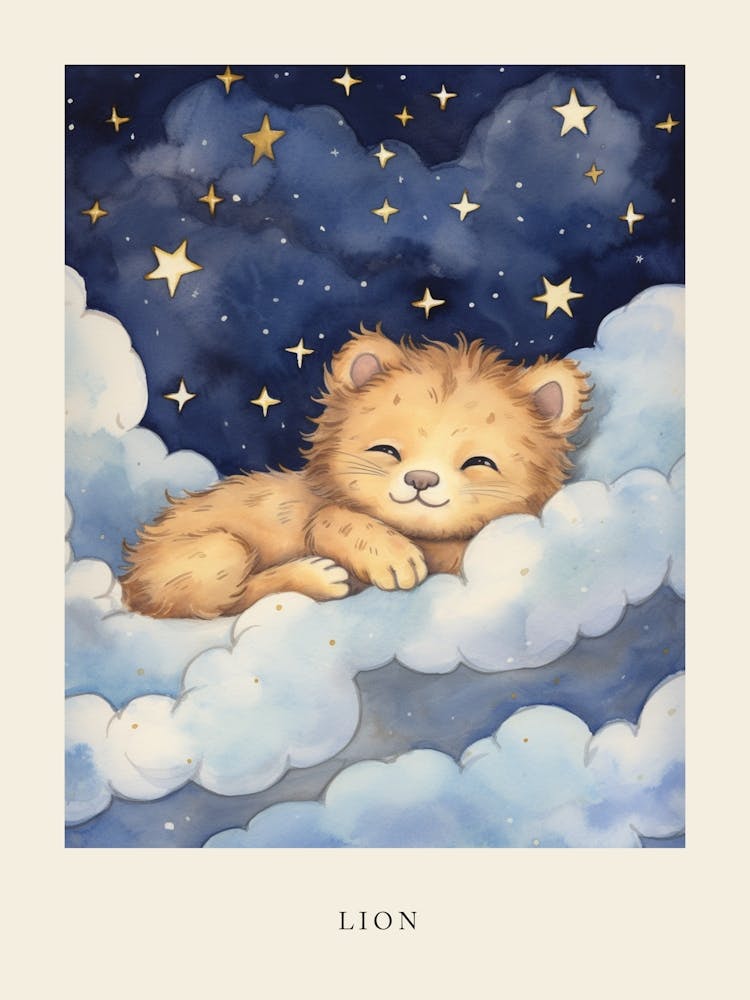 Baby Lion Cub 2 Sleeping In The Clouds Nursery Poster
