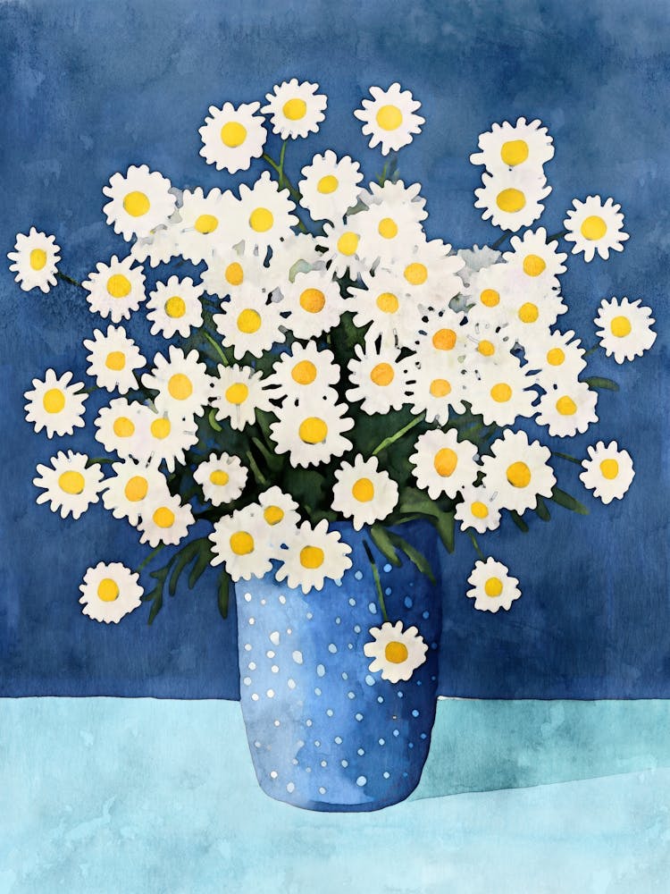 Chamomile Daisies In A Blue Vase Watercolor Still Life