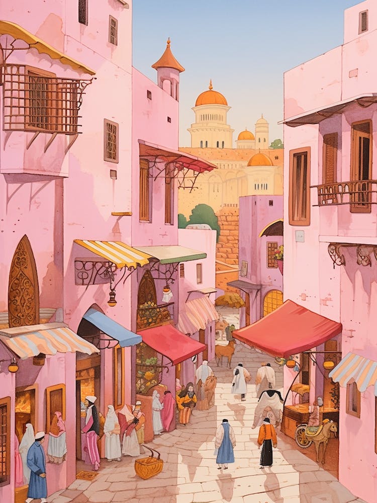 Rabat Morocco 4 Vintage Pink Travel Illustration