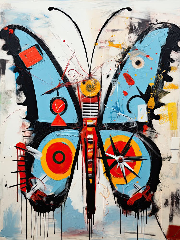 Butterfly blue, red in Basquiat's Style