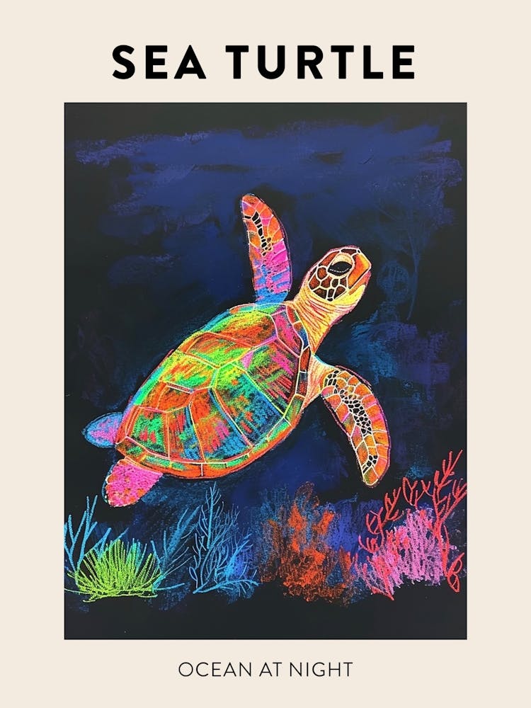 Neon Sea Turtle In The Sea At Night Poster 2