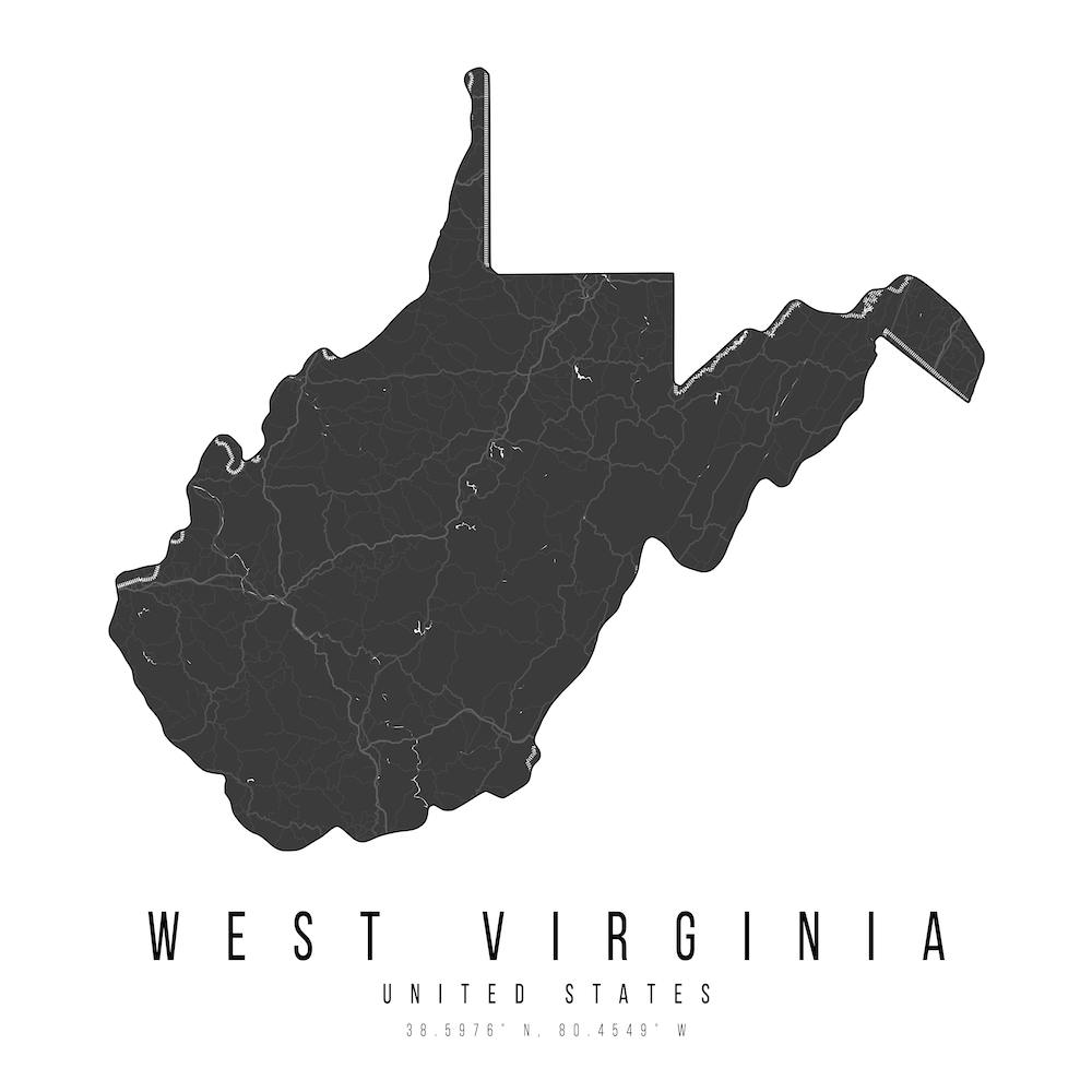 West Virginia Mono Black And White Modern Minimal Street Map Square
