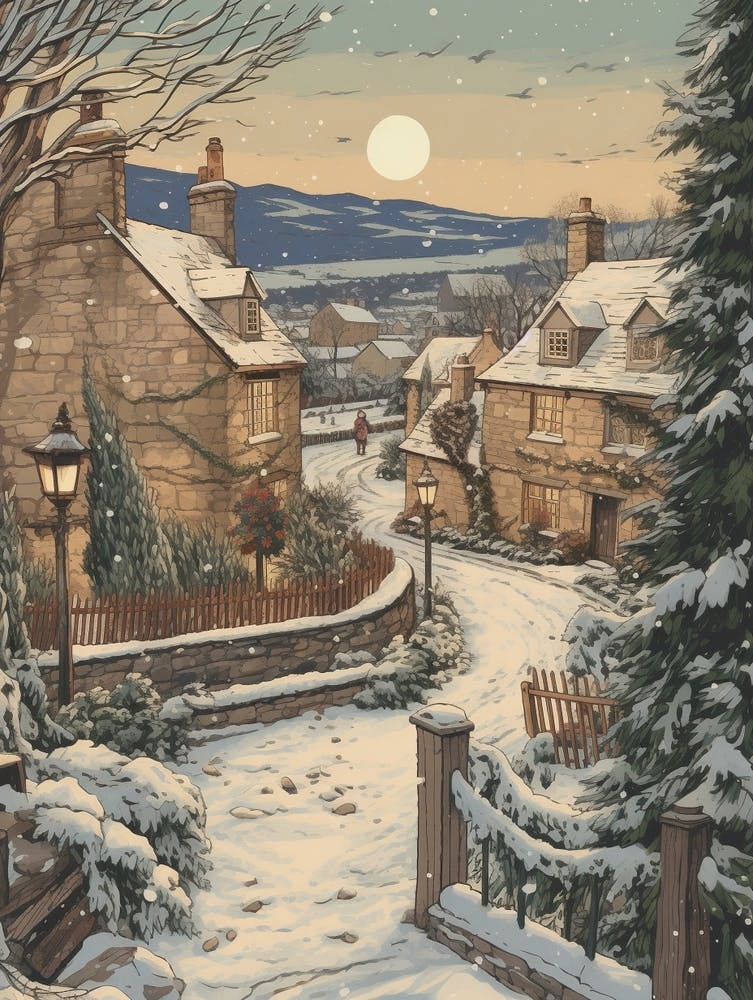 Vintage Winter Illustration Cotswolds United Kingdom 4