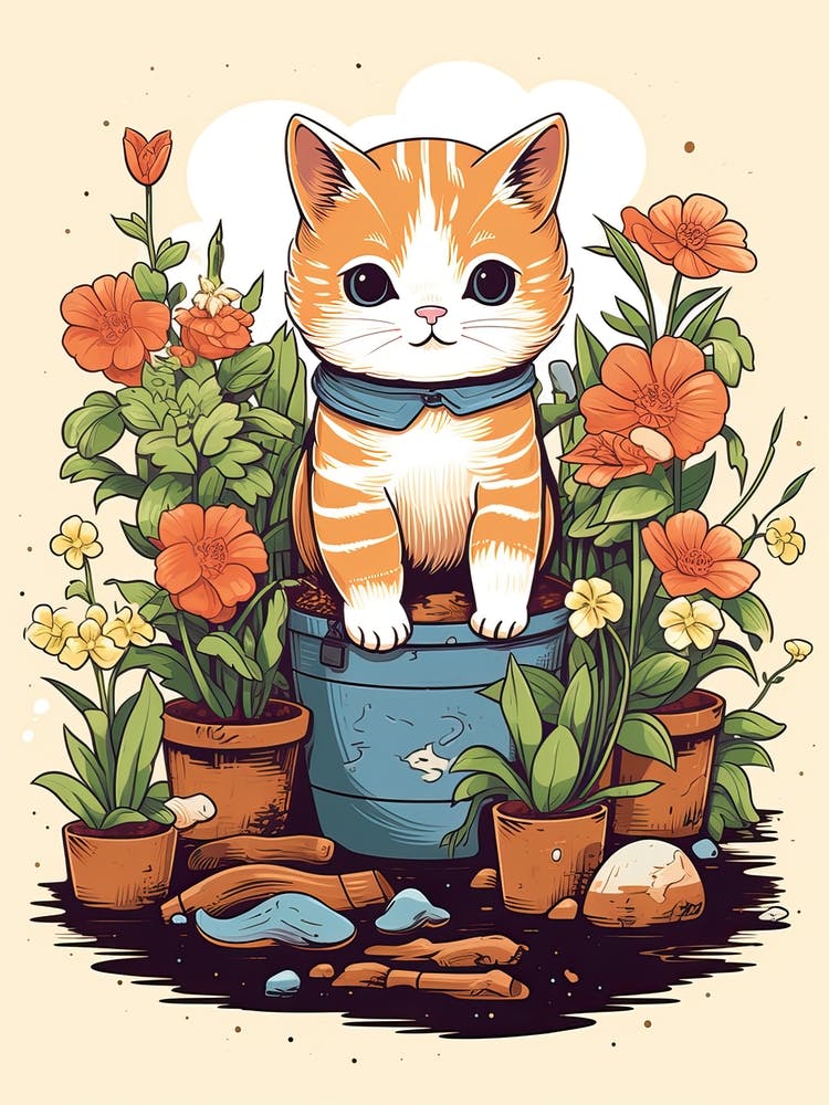 Kawaii Cat Drawings Gardening 5