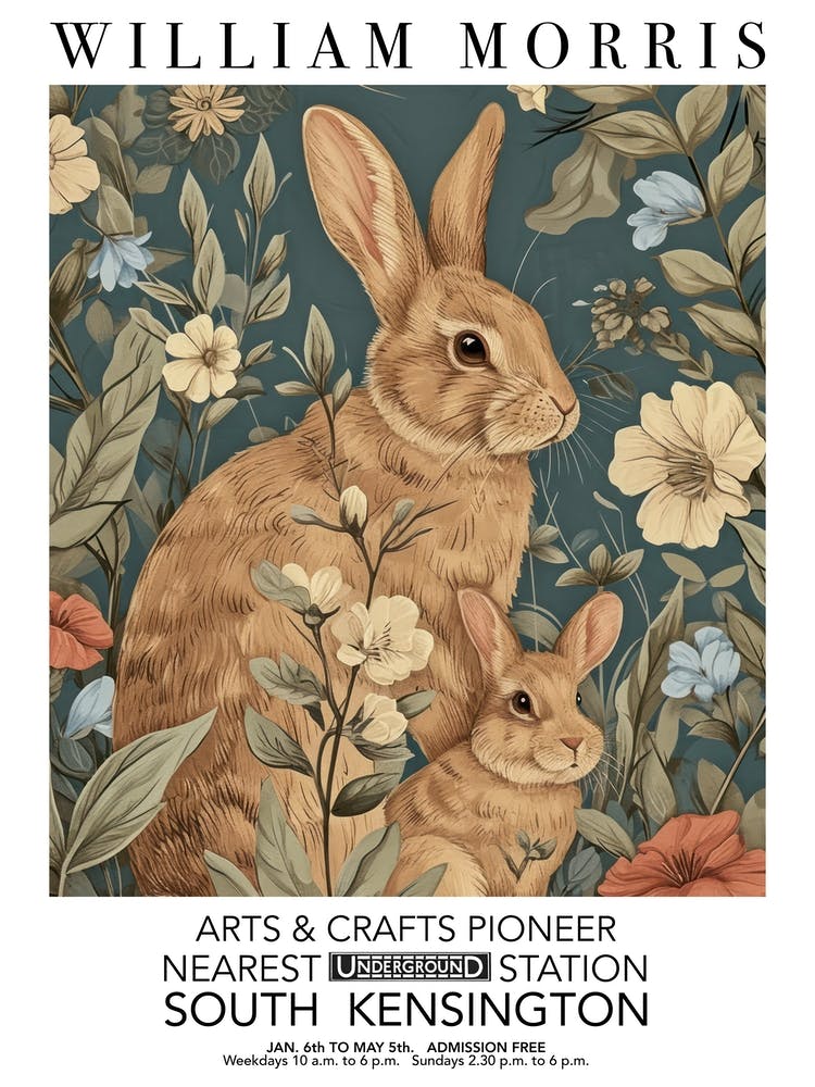 William Morris Print Rabbit Bunny Portrait Valentines Mothers Day Gift