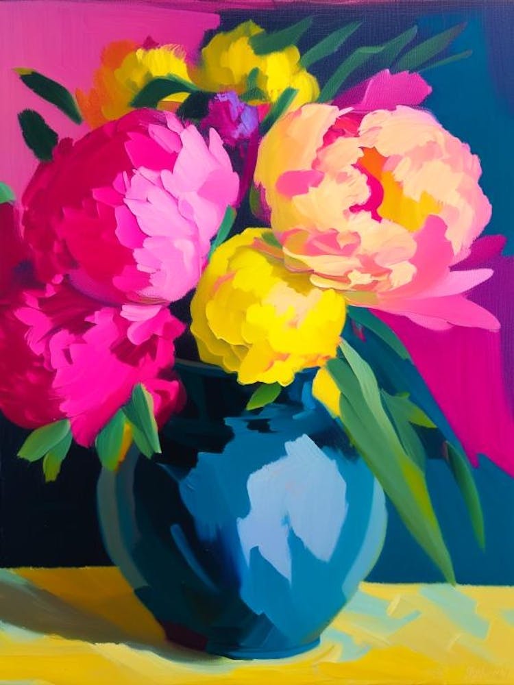 Vase Of Colourful Peonies Pink And Yellow 1 Colourful Painting
