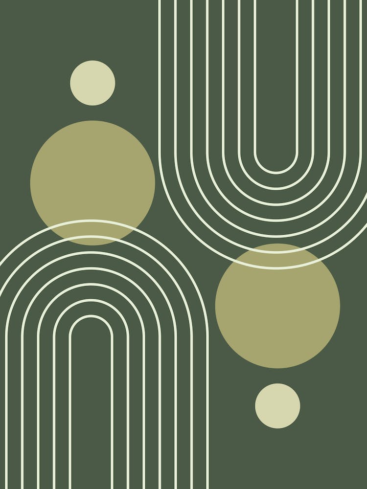 Mid Century Modern Geometrischer Regenbogen und Sonne Abstrakt Linienkunst Kreisformen in Wald Salbeigrün