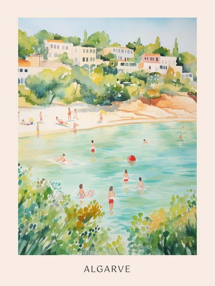 Swimming In Algarve Portugal Watercolour Poster