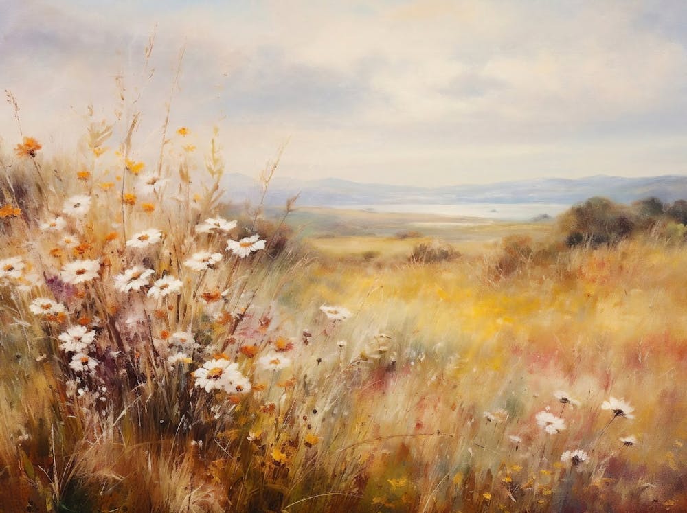 Vintage Neutral Landscape Painting, Wildflower Field Landscape Print, Muted Country Field Wall Art Digital Download, Nature Printable Art