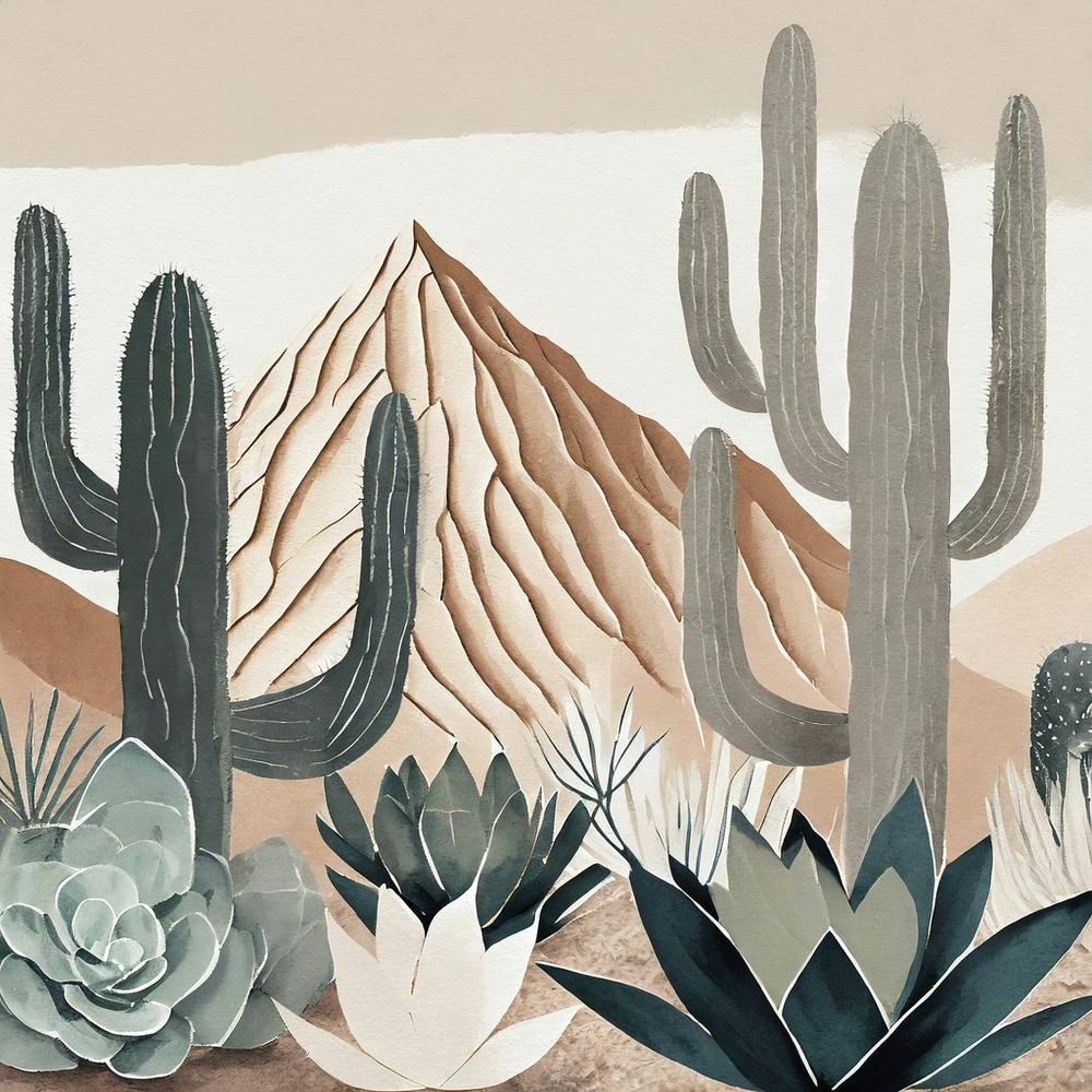 Firefly Modern Abstract Beautiful Lush Cactus And Succulent Garden In Neutral Muted Colors Of Tan, G (14)