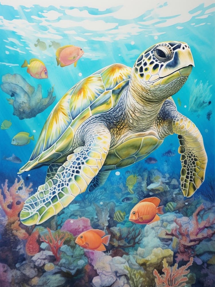 Sea Turtle In The Ocean Linograph Illustration 2