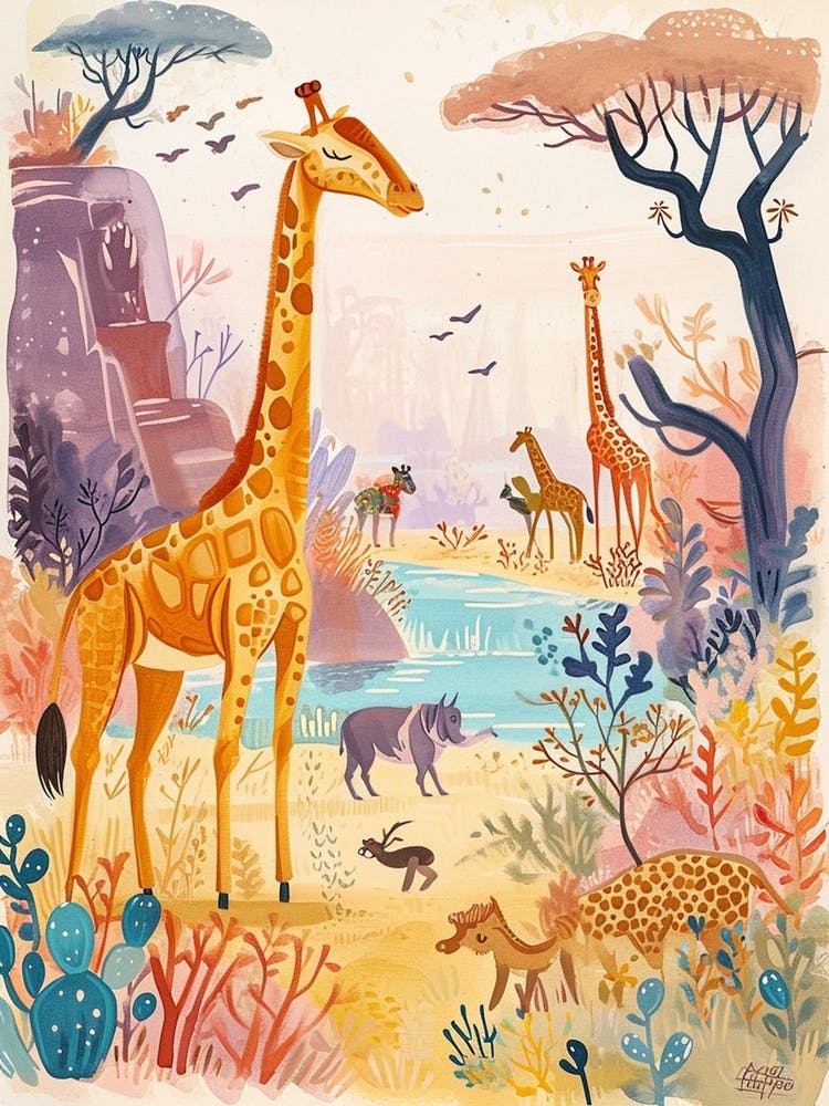 Giraffe With Other Animals By The Lake 1