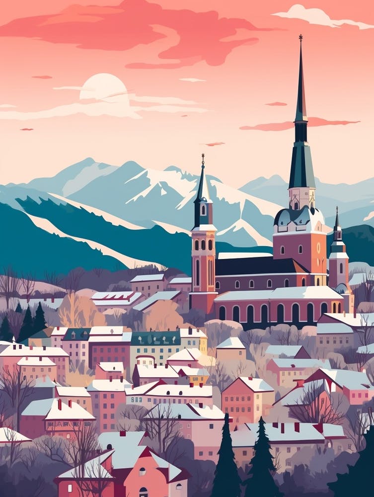 Vintage Winter Travel Illustration Salzburg Austria 3
