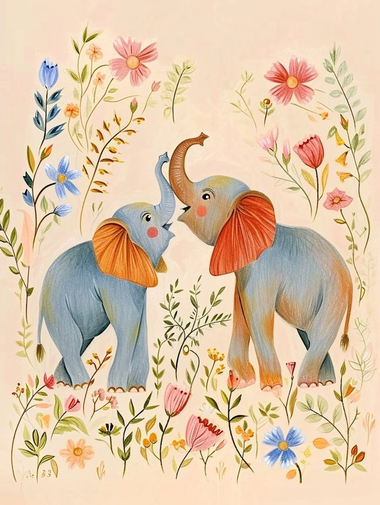 Folksy Floral Animal Drawing Elephant 3