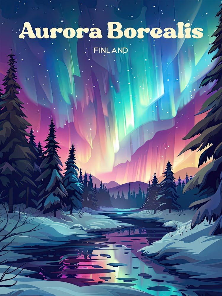 Aurora Borealis Finland Green Lights Art Illustration