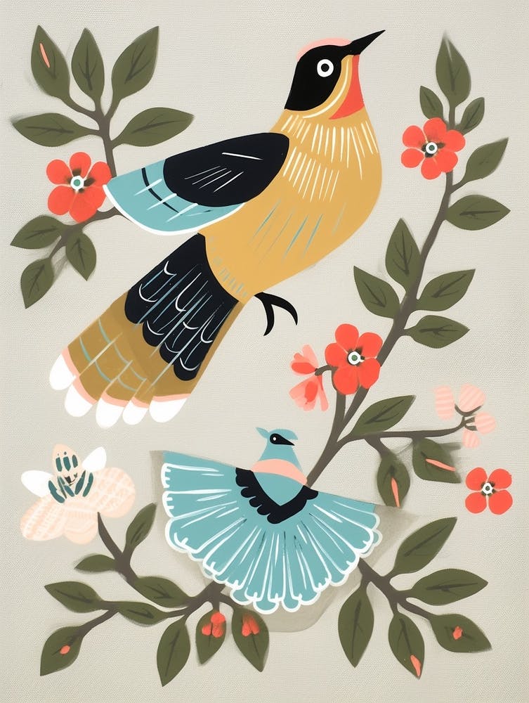 Folk Style Bird Painting Cedar Waxwing 3