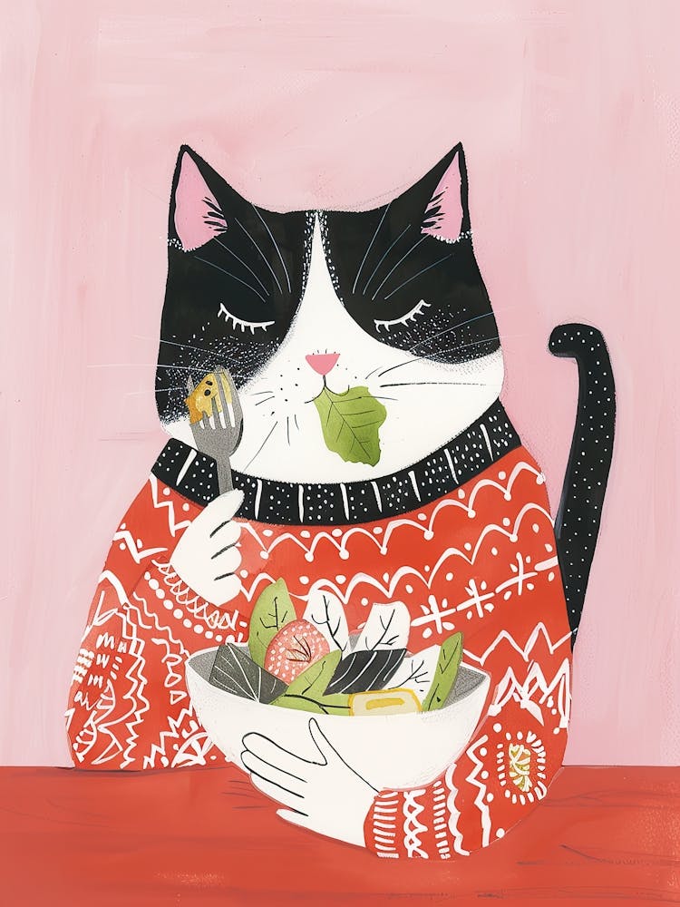 Black And White Cat Eating Salad Folk Illustration 6