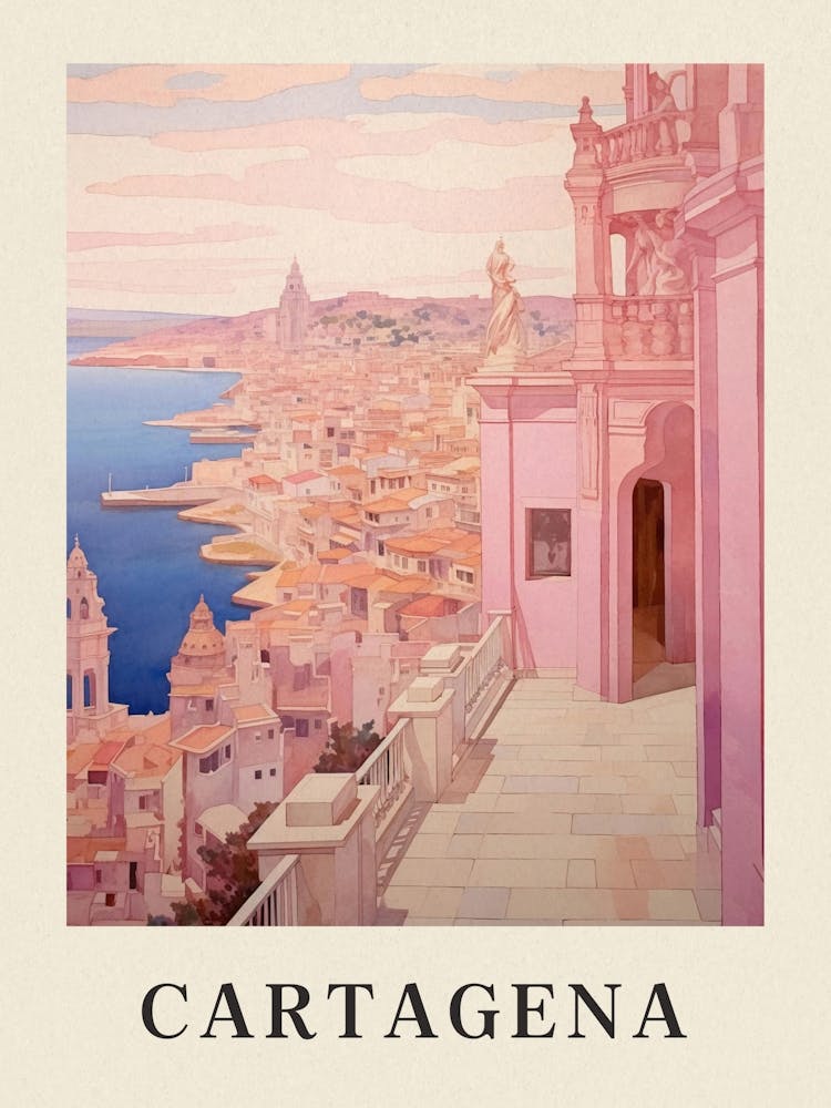 Cartagena Spain 6 Vintage Pink Travel Illustration Poster