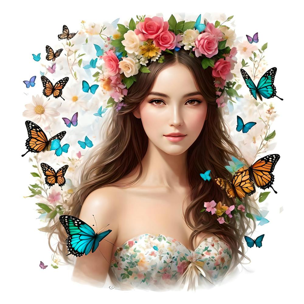 Asian Girl With Butterflies | floral boho girl | Watercolor Floral Boho Girl wall art