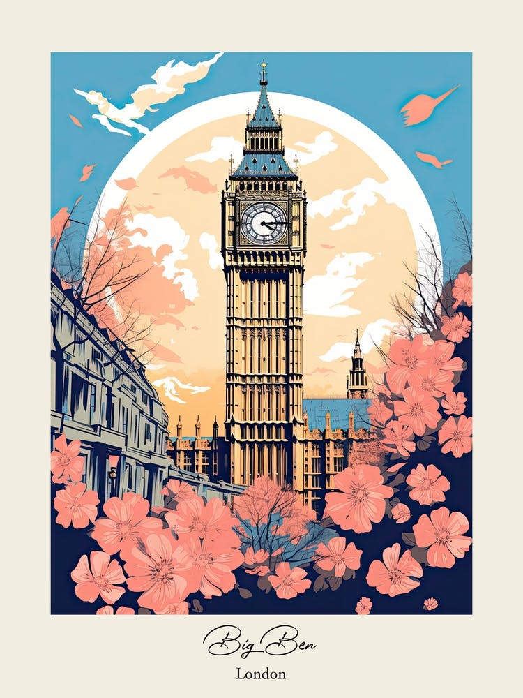 Big Ben, London   Cute Botanical Illustration Travel 3 Poster