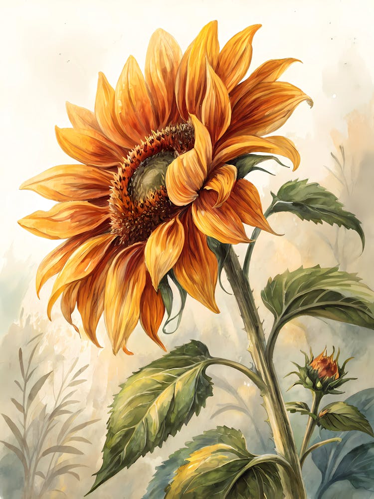 Oil Painting Style Golden Sunflower Bloom Vibrant Floral Art on Canvas