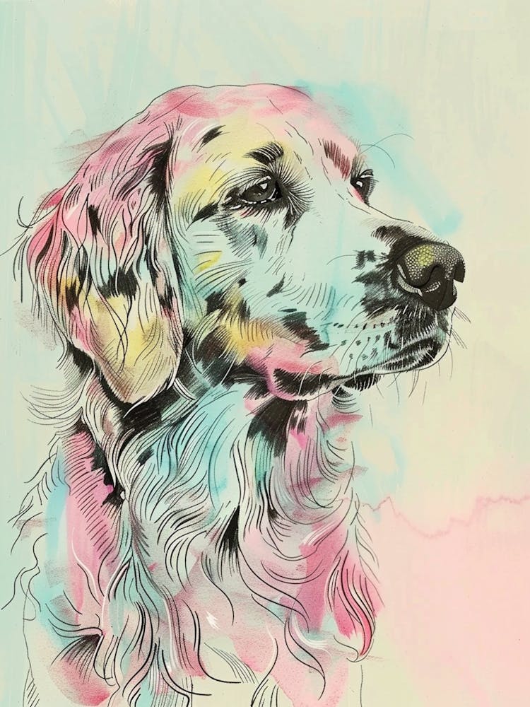 Flat Coated Retriever Dog Pastel Line Watercolour Illustration  3