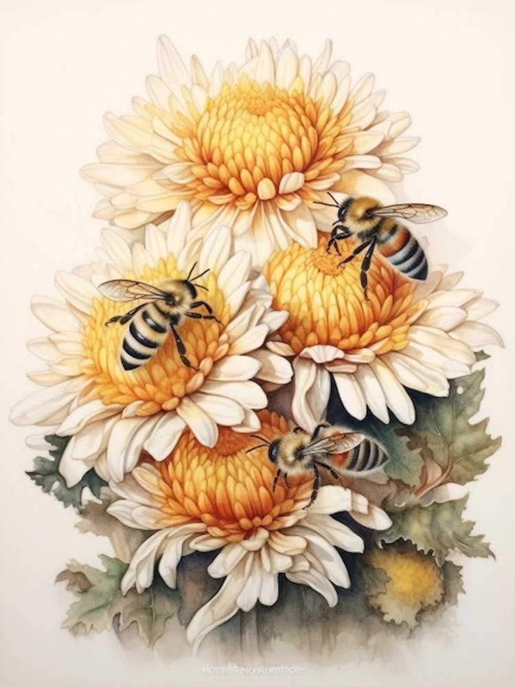 Beehive With Chrysanthemums Watercolour Illustration 4