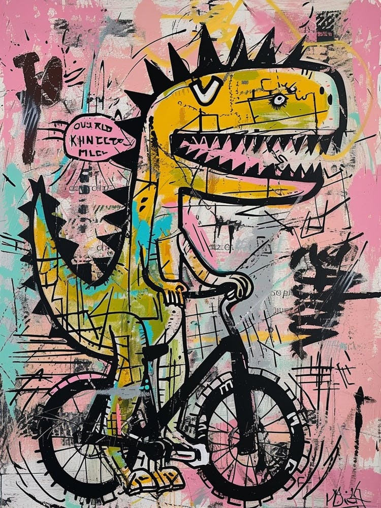 Dinosaur On A Bike Pink Purple Graffiti Style Illustration 1