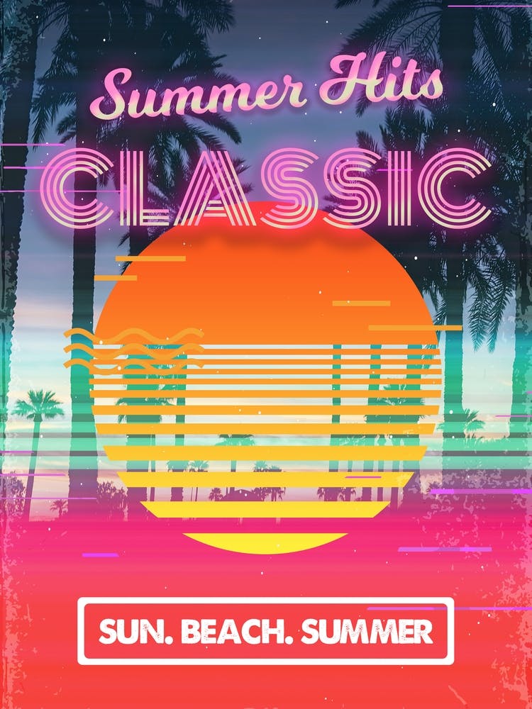Retrowave: Classic Summer Hits. Sun. Beach. Summer [retrowave/vaporwave/synthwave] — aesthetic poster, retrowave poster, neon poster