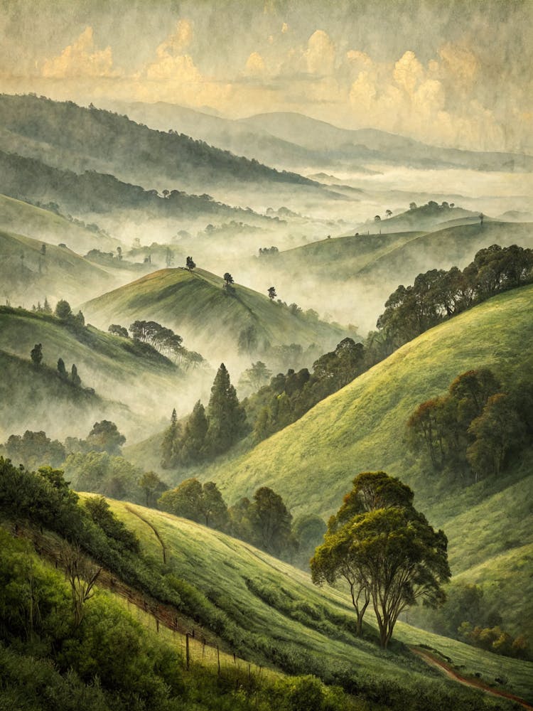 Oil Painting Style Fog Rolling Over Green Hills