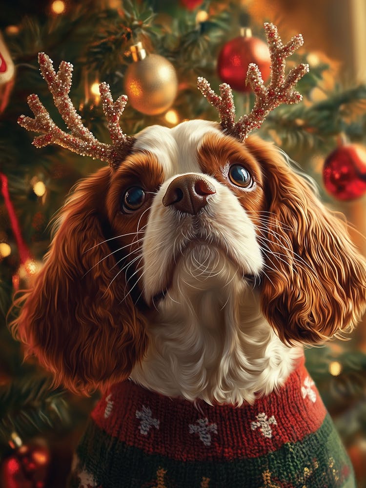 King Charles Spaniel In Christmas Jumper And Santa Hat