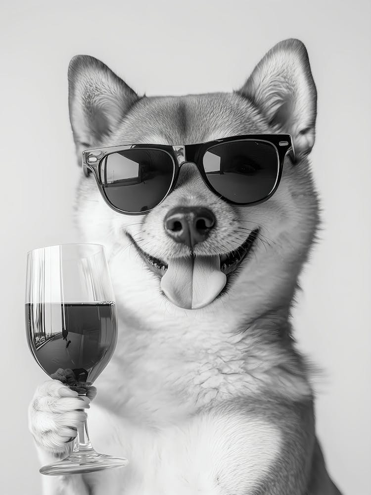 Shiba Inu Wein trinkende Wandkunst, Schwarz-Weiß-Druck, Shina Inu Barkarren-Druck, Hundegeschenk, Lustiges Hunde-Poster, Bardekoration, Küchendekoration
